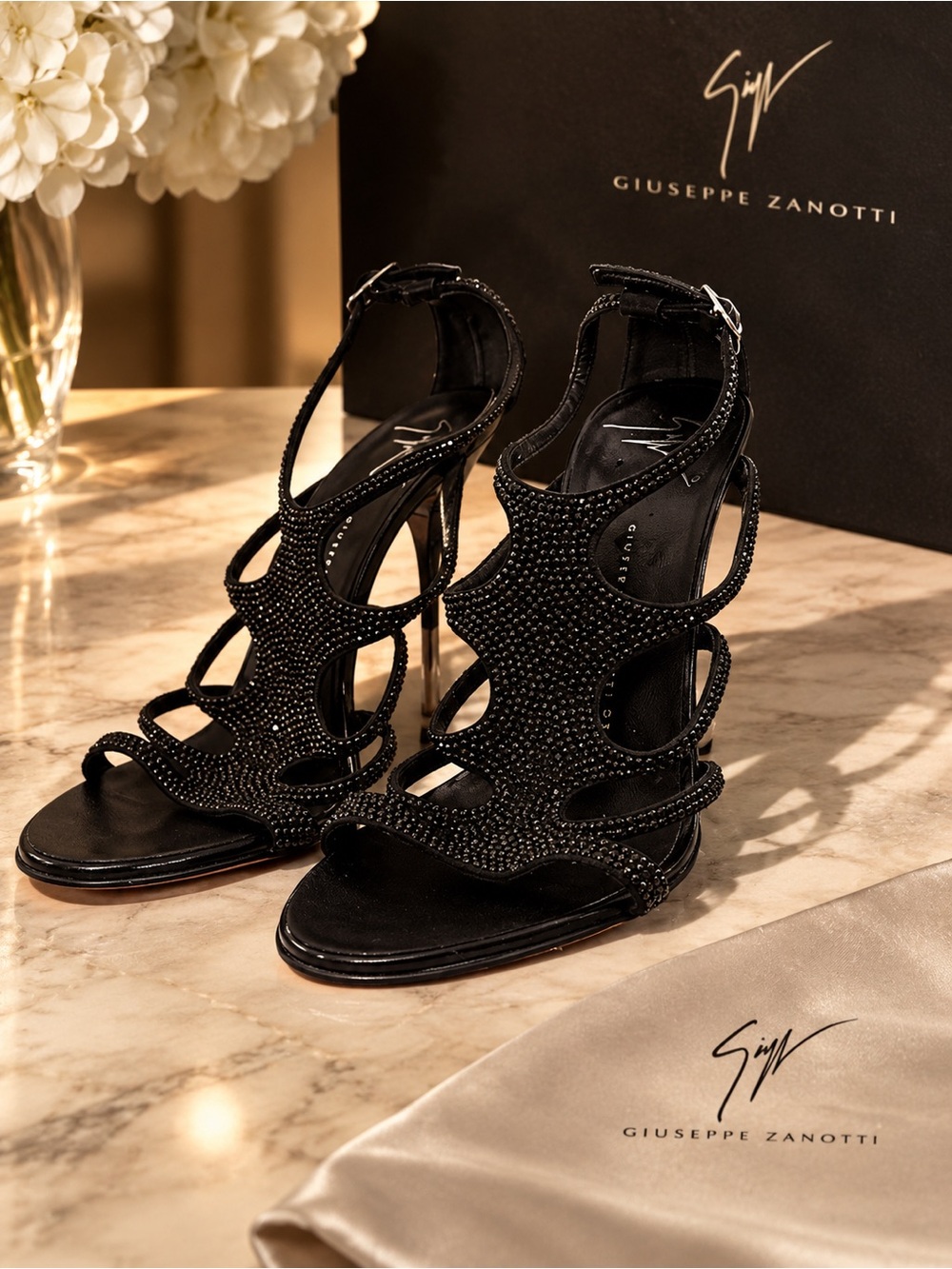 Giuseppe Zanotti Black Crystal Cutout High-Heel Sandals